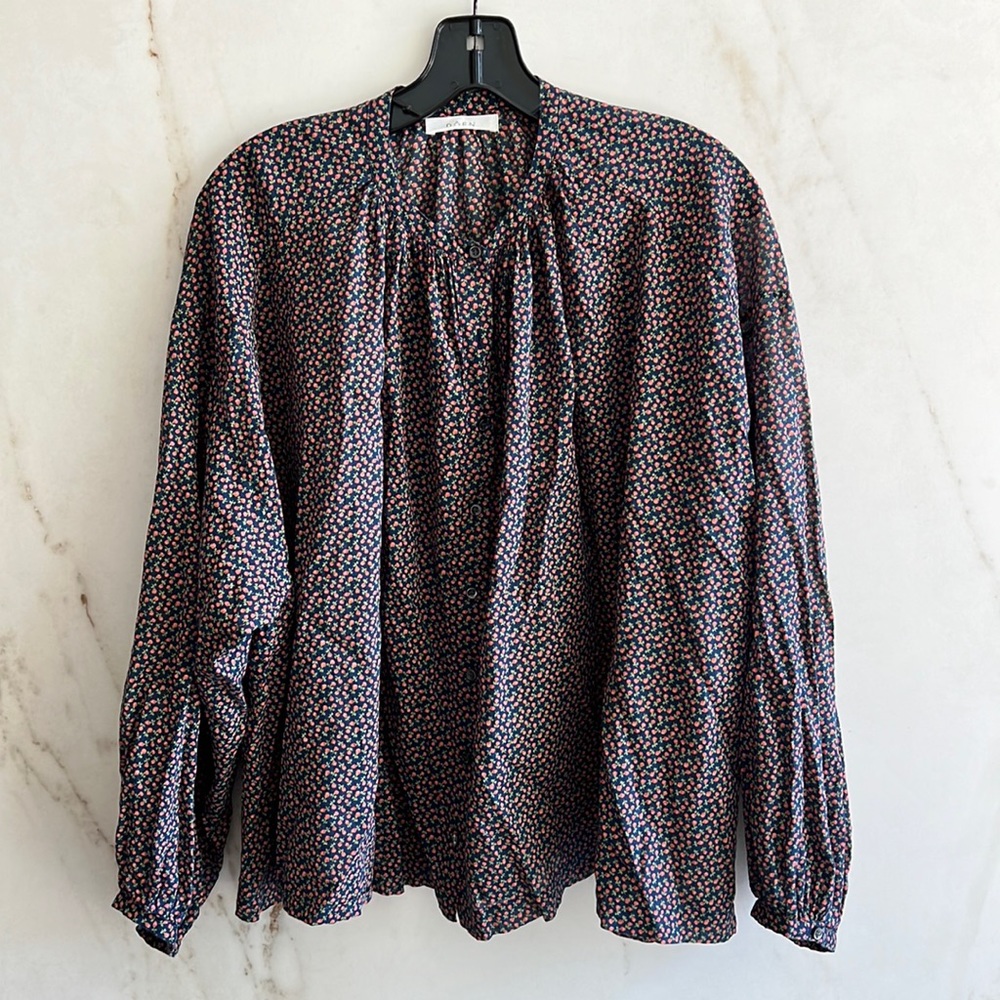 Doen Jane Blouse Medium Brand New Without Tag BNWOT Blue button front floral